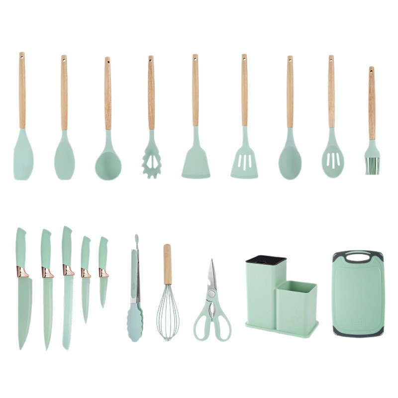 19-piece silicone kitchen utensil set with knife, silicone combination kitchen utensils 19-piece double-barrel straw silicone kitchen utensil set with knife