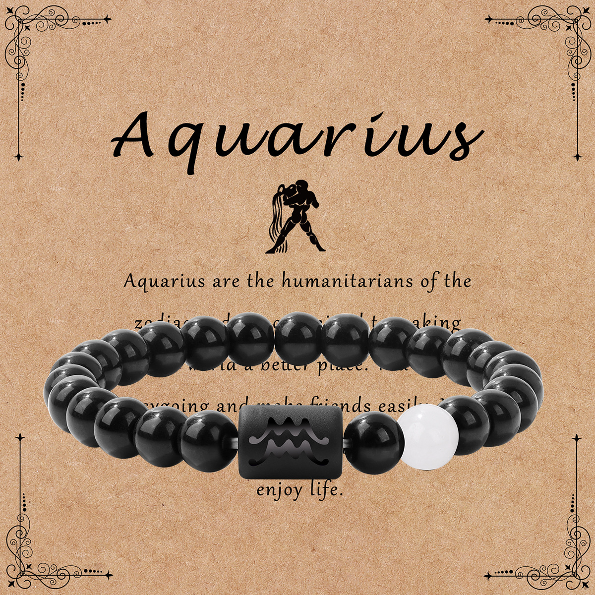 Twelve zodiac bracelet for men shiny black beads elastic rope unisex bracelet