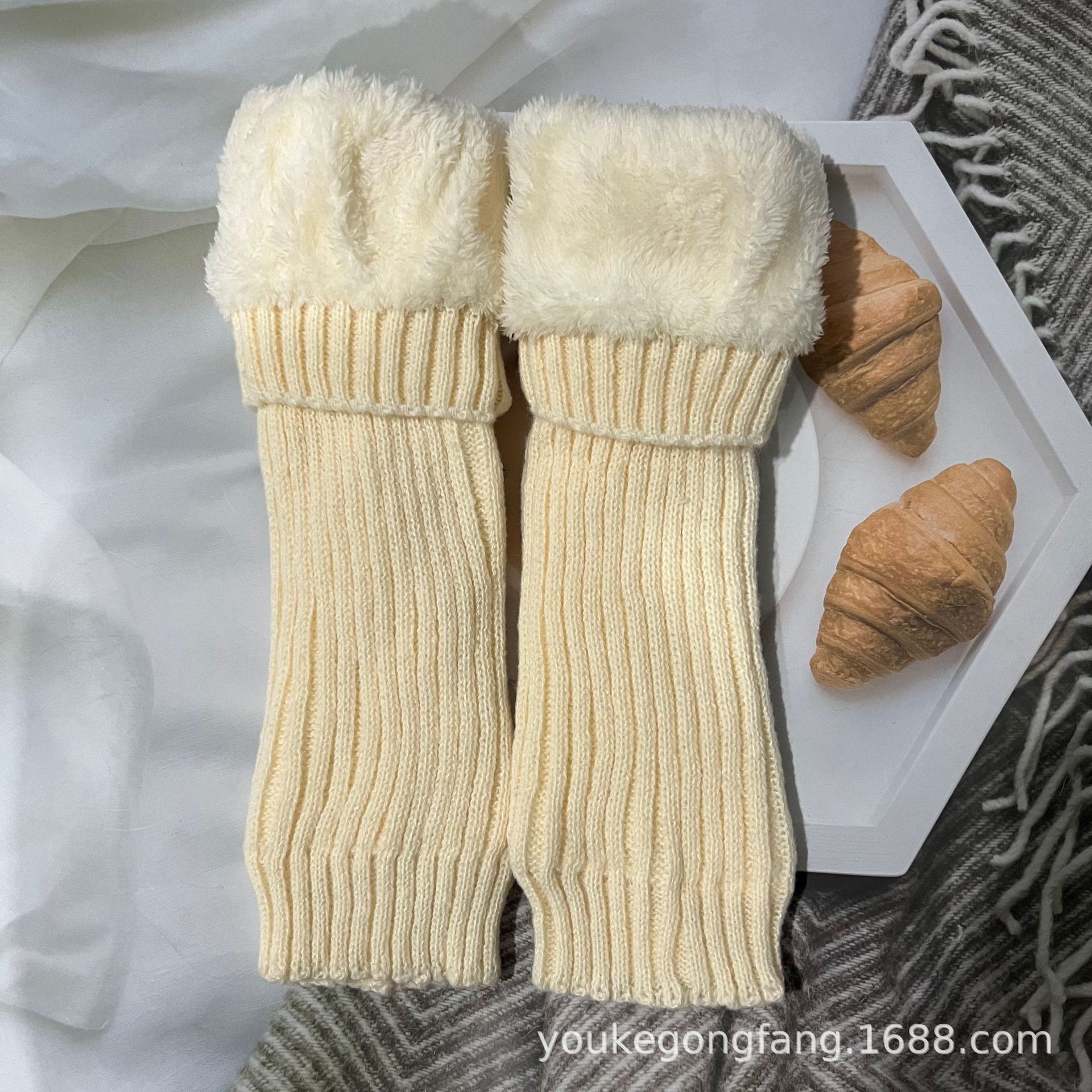 Winter Knit Sock Cuff Fleece Lined Thick Women's Warm Knee Protection Calf Protection Striped Solid Color Stacked Socks Sock