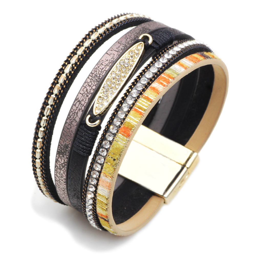 Bohemian Cross Bracelet with Micro Rhinestones Magnetic Buckle PU Leather Bracelet