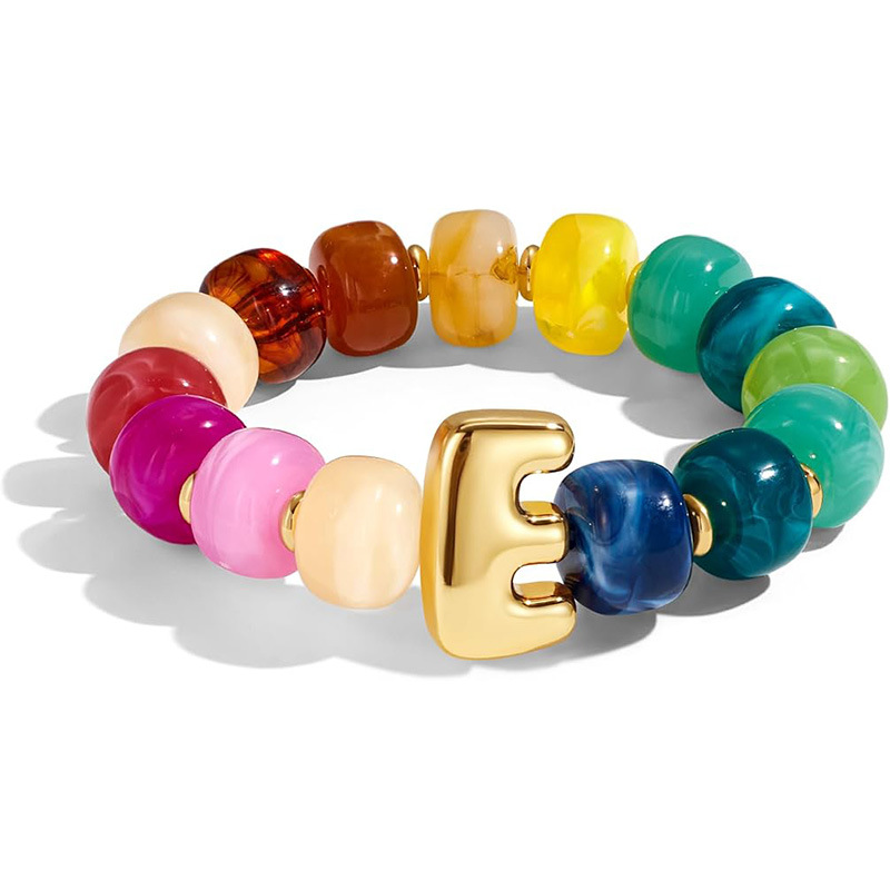 New Colorful Resin Barrel Bead Elastic Bracelet Women's Copper Letter Pendant Beaded Bracelet