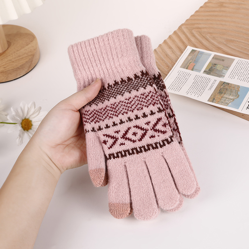 Knitted Jacquard Touch Screen Warm Gloves Women Autumn Winter Men Outdoor Fleece-Lined Thick Anti-Cold Full-Finger Knitted Gloves