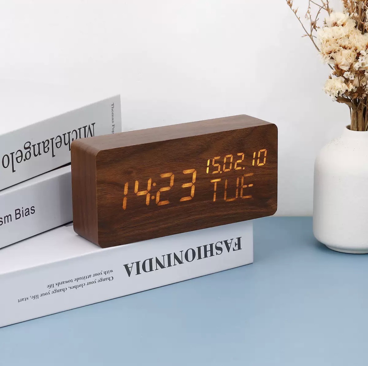 Rectangular perpetual calendar wooden clock desktop LED electronic voice-controlled wooden clock, student wake-up clock