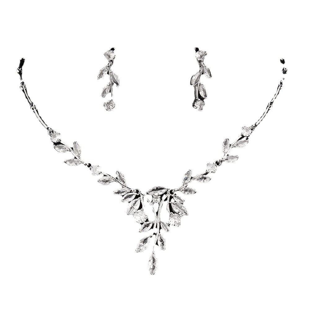 Leaf copper zircon necklace earring jewelry two-piece set bridal accessory gift women