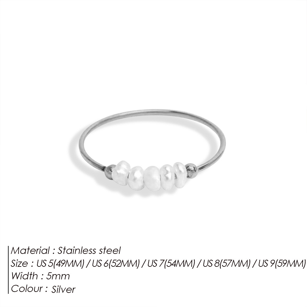 eManco Simple Natural Baroque Pearl Ring Minimalist Ring for Women Titanium Steel Jewelry