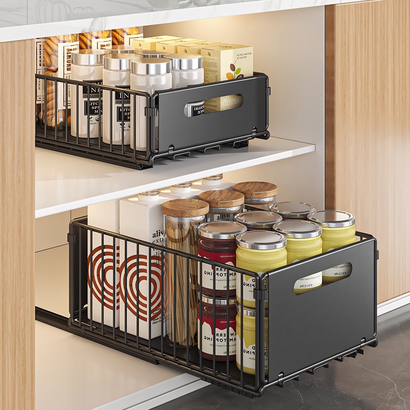 Kitchen storage rack cabinet pull-out basket under sink single-layer storage box slide rail drawer layered seasoning rack