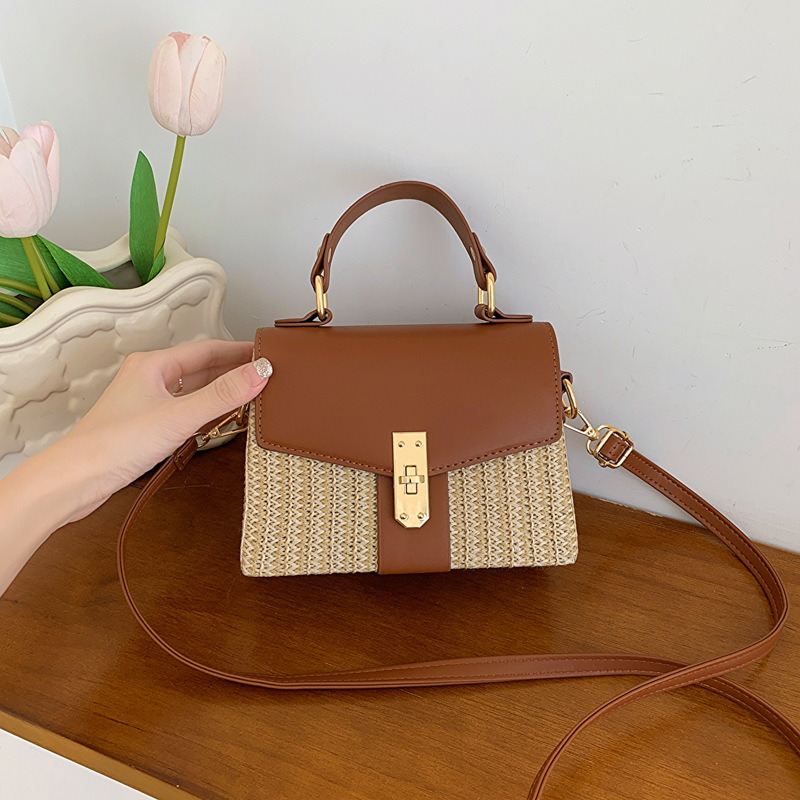 New Patchwork Flip Lid Box Straw Bag Beach Vacation Turn-Lock Woven Hard Shell Handbag Crossbody Bag for Women
