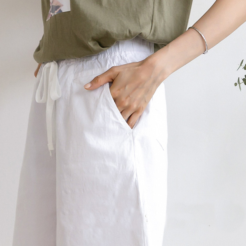 Spring and summer women mid-waist wide-leg five-tenths casual pants cotton spandex mid-elastic commute 200 jin women