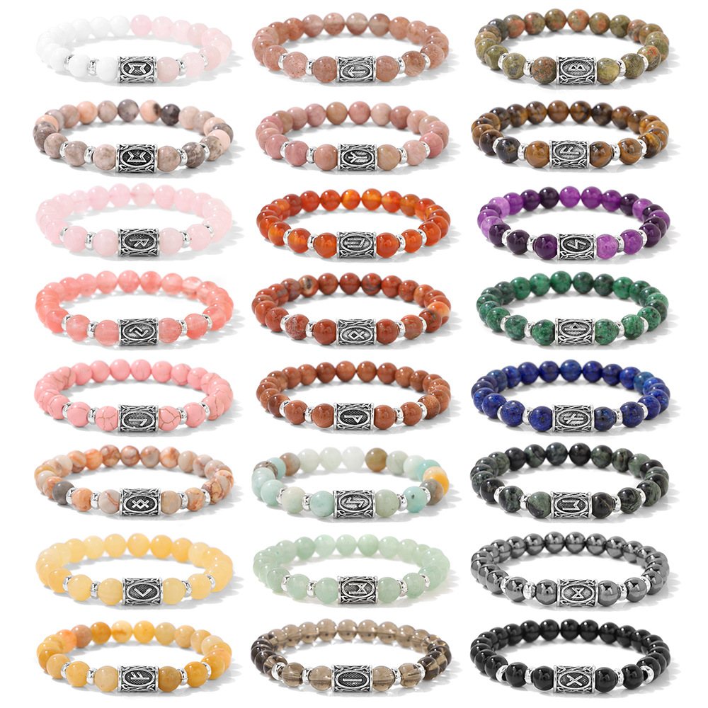 New rune symbol Norway bracelet 8mm stone beads red agate elastic rope bracelet