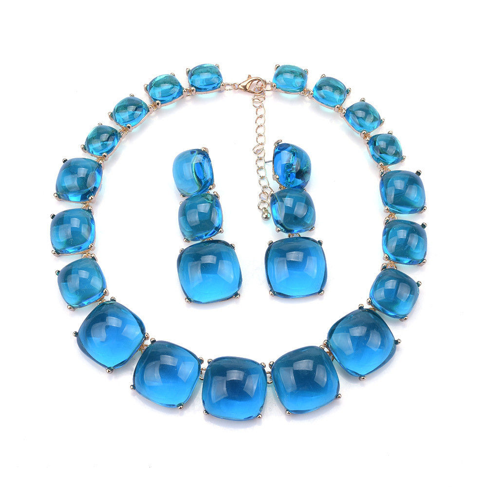 ZA geometric transparent colored resin necklace earring set collarbone chain