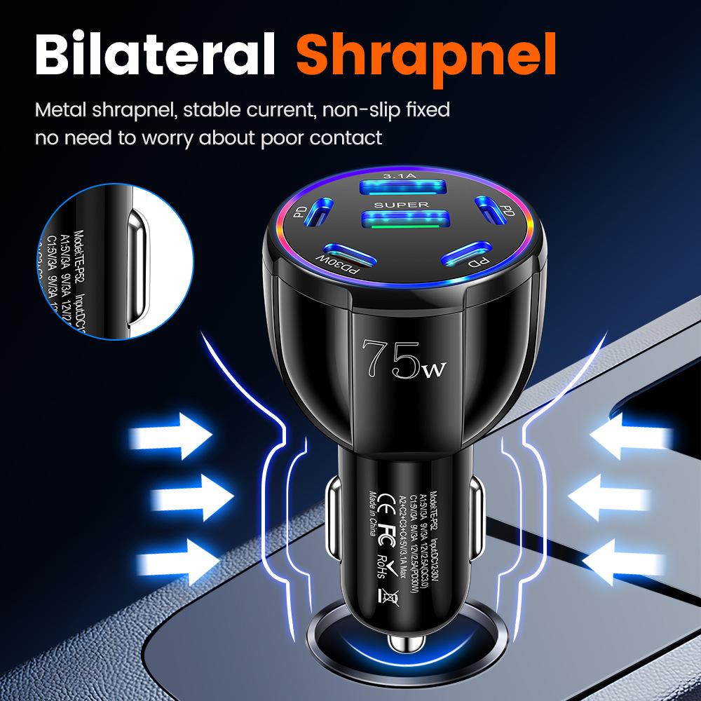 6-in-1 USB+PD Car Phone Charger 3.1A Fast Car Charger