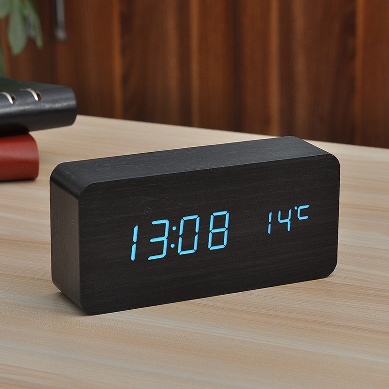 Wooden alarm clock LED student rechargeable digital display electronic voice control clock Nordic style wood