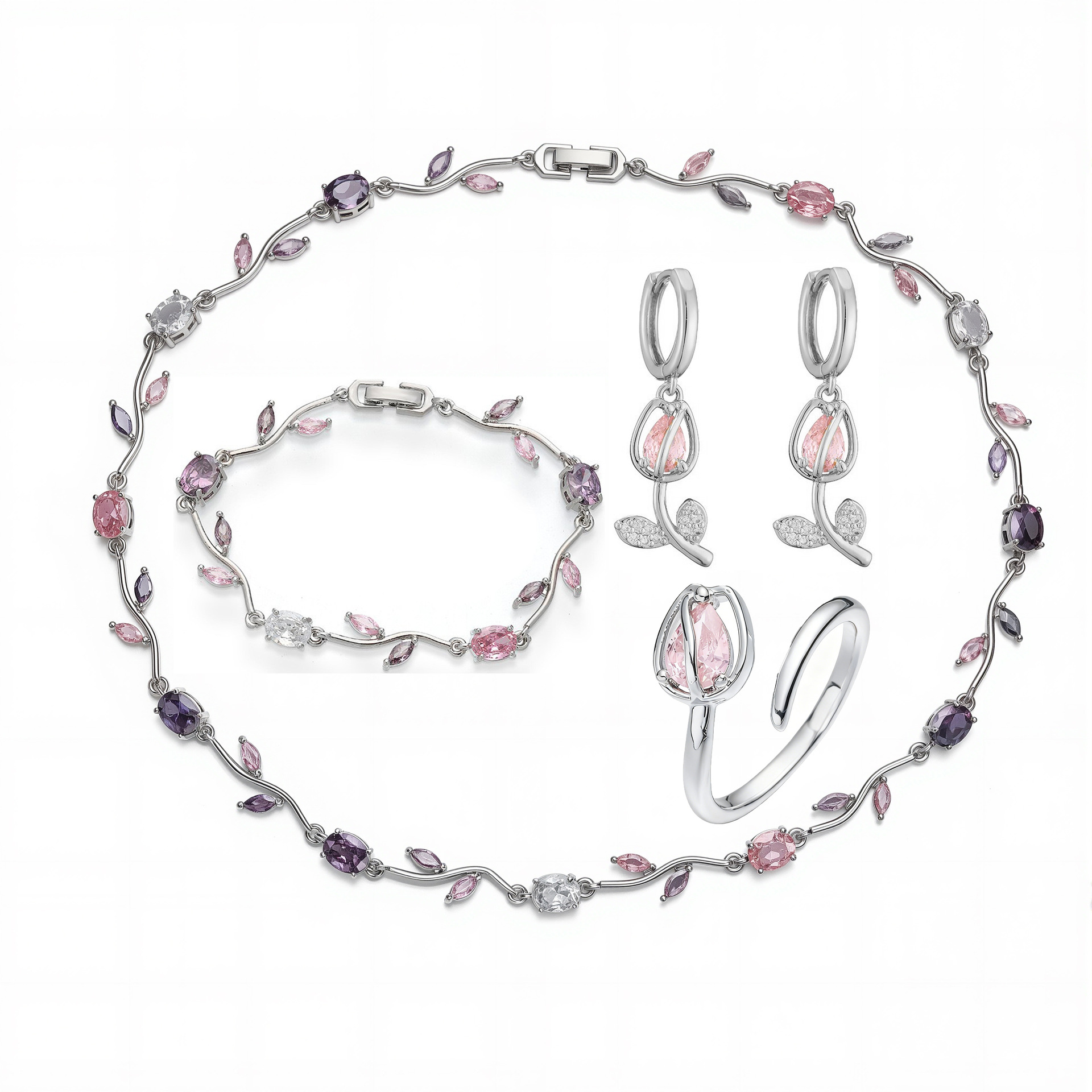 Copper Inlaid Colorful Diamond Tulip Bracelet, Necklace Unique Super Shiny Branch and Flower Jewelry Set