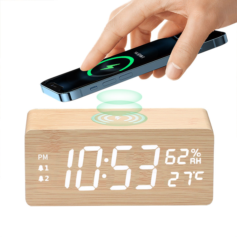 15W Temperature and Humidity Wooden Wireless Charging Clock Multifunctional Smart Night Light Silent LED Wood Clock Wireless Fast Charging