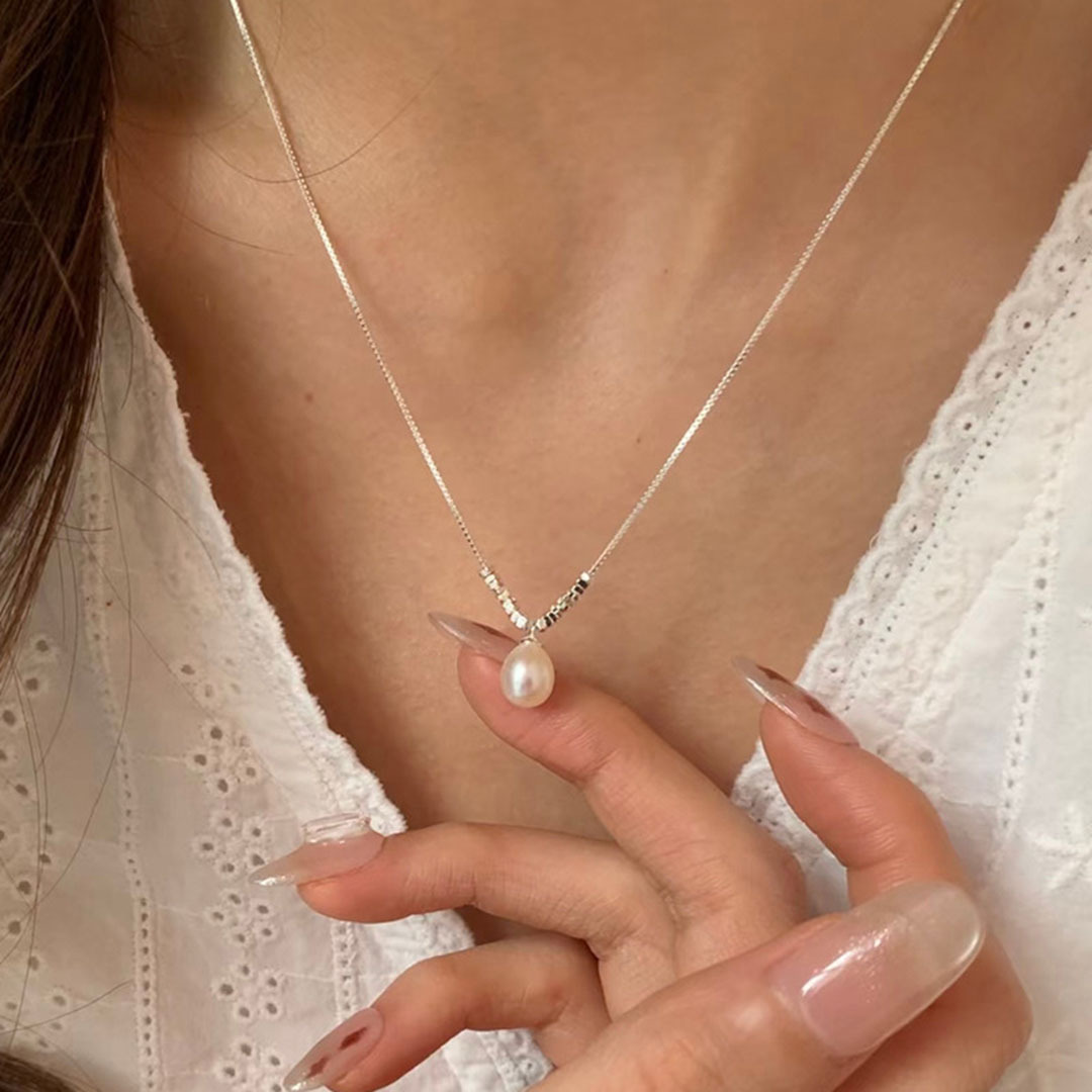S925 Sterling Silver Crushed Silver Natural Freshwater Pearl Pendant Necklace Women Niche Collarbone Chain