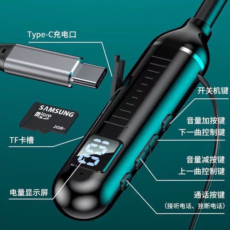 Neckband Bluetooth digital display earphones, long battery life, wireless stereo, in-ear, gaming low latency, sports style