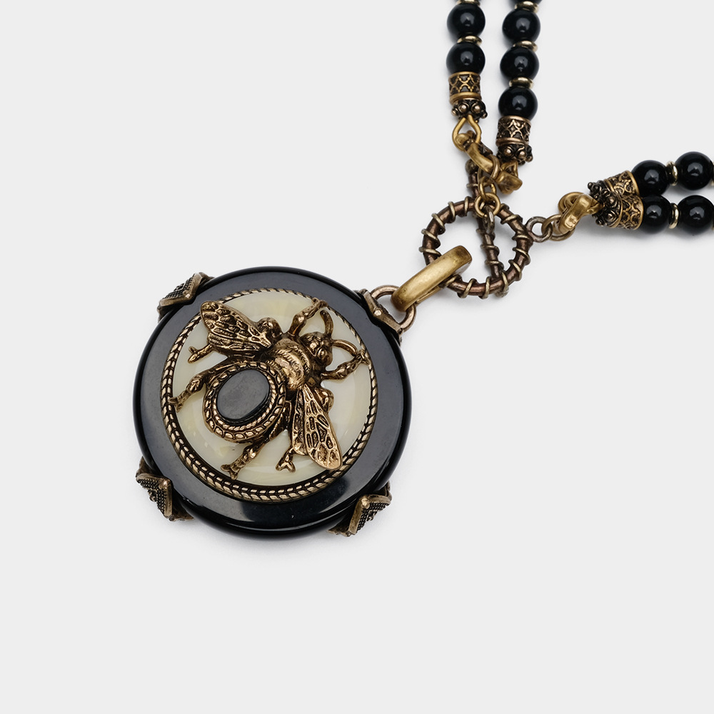 European Series Two Ways to Wear Insect Design Bee Necklace Natural Black Agate Beaded Necklace
