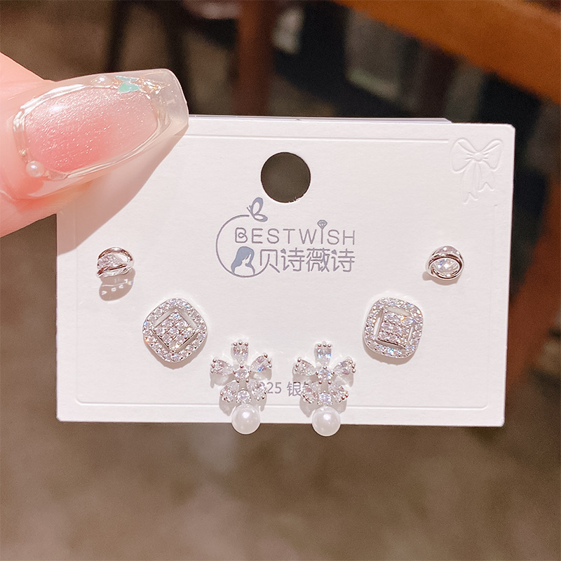 26th batch #1 copper gold-plated solid quality zircon three pairs of earrings, silver needle one card six-piece set