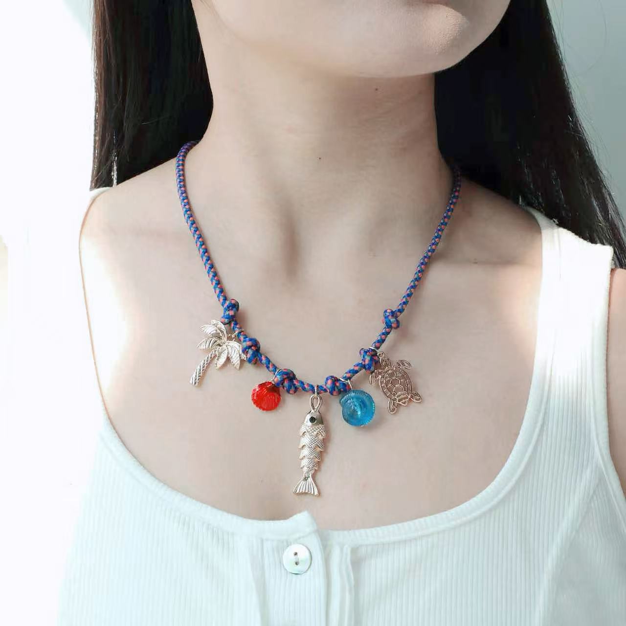 Kenjie colorful rope hand-woven necklace shell multi-pendant ocean vacation bohemian necklace