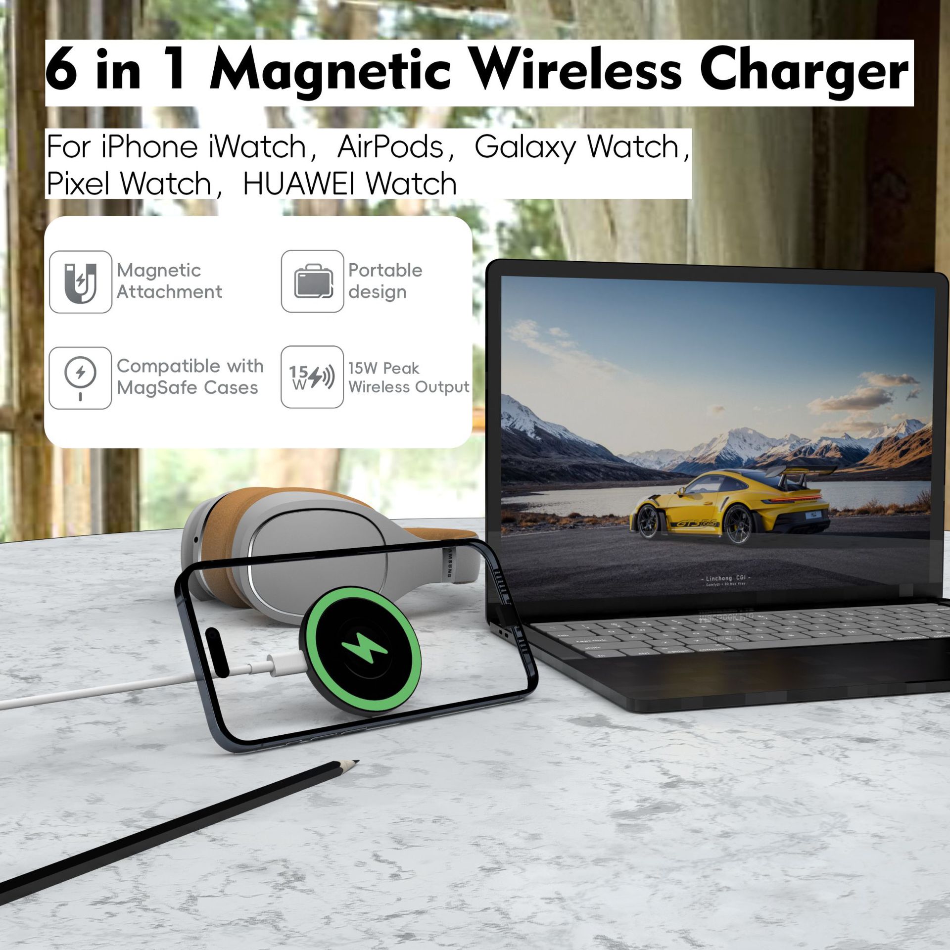 Compatible Apple Samsung Huawei watch magnetic wireless charger with phone stand portable 6-in-1 wireless charger