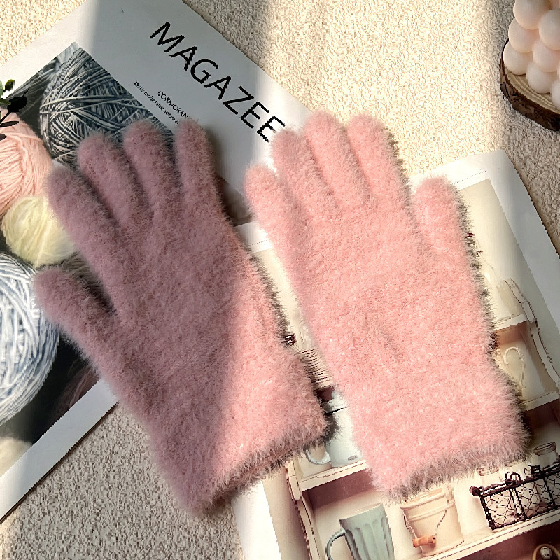 Women's Winter Warm Knitted Gloves for Students, Cycling, Fingerless, Solid Color, Imitation Rabbit Fur, Touchscreen
