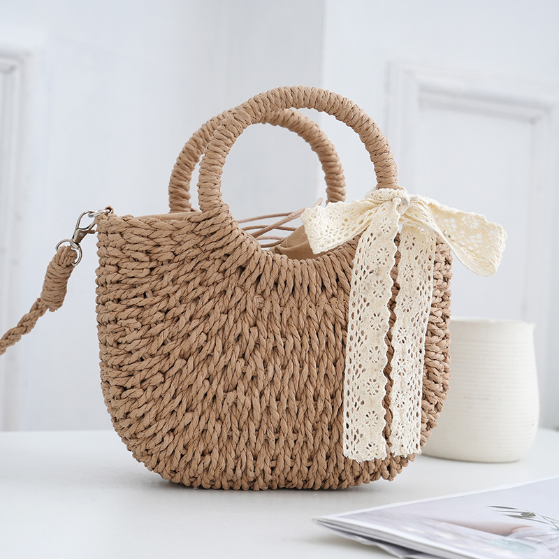 Small Simple Crossbody Basket Bag Woven Bag Hollow Out Straw Woven Women's Handbag Straw Bag Compact