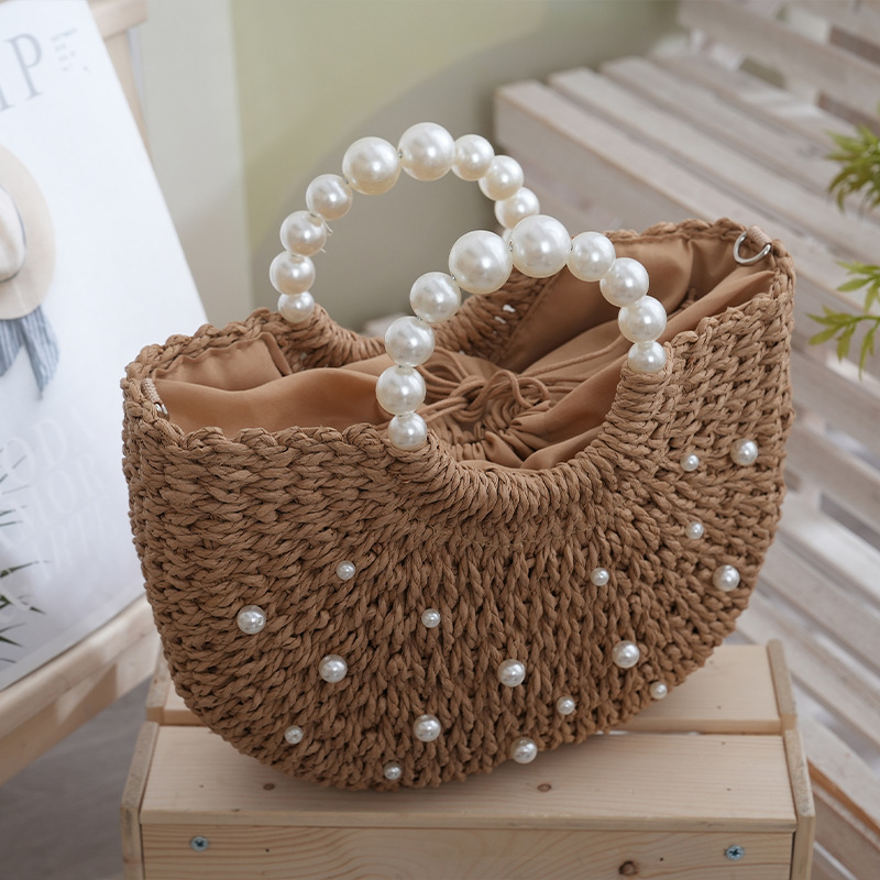 Large capacity pearl handbag straw woven simple tote bag woven semi-circular crossbody bag beaded