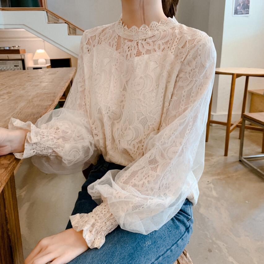 2021 Autumn New Sweet Mesh Spliced Women's Shirt Lace Top Loose Embroidery Lace Shirt Women