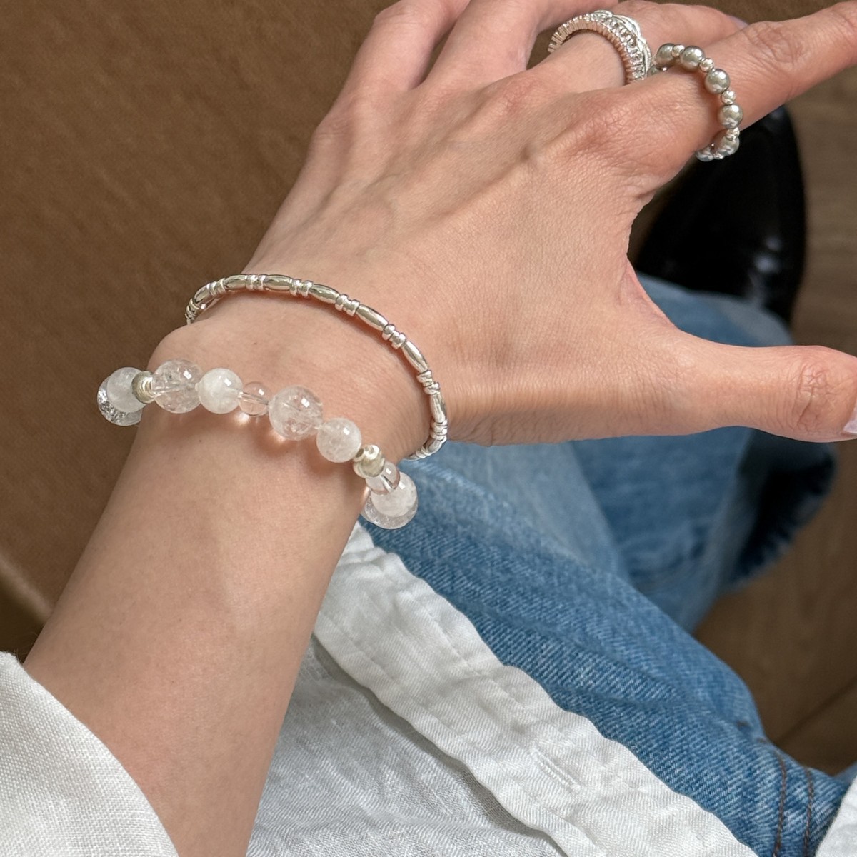 Stabilize emotions natural white Aze snowflake phantom crystal bracelet S925 sterling silver cat eye bead light feeling