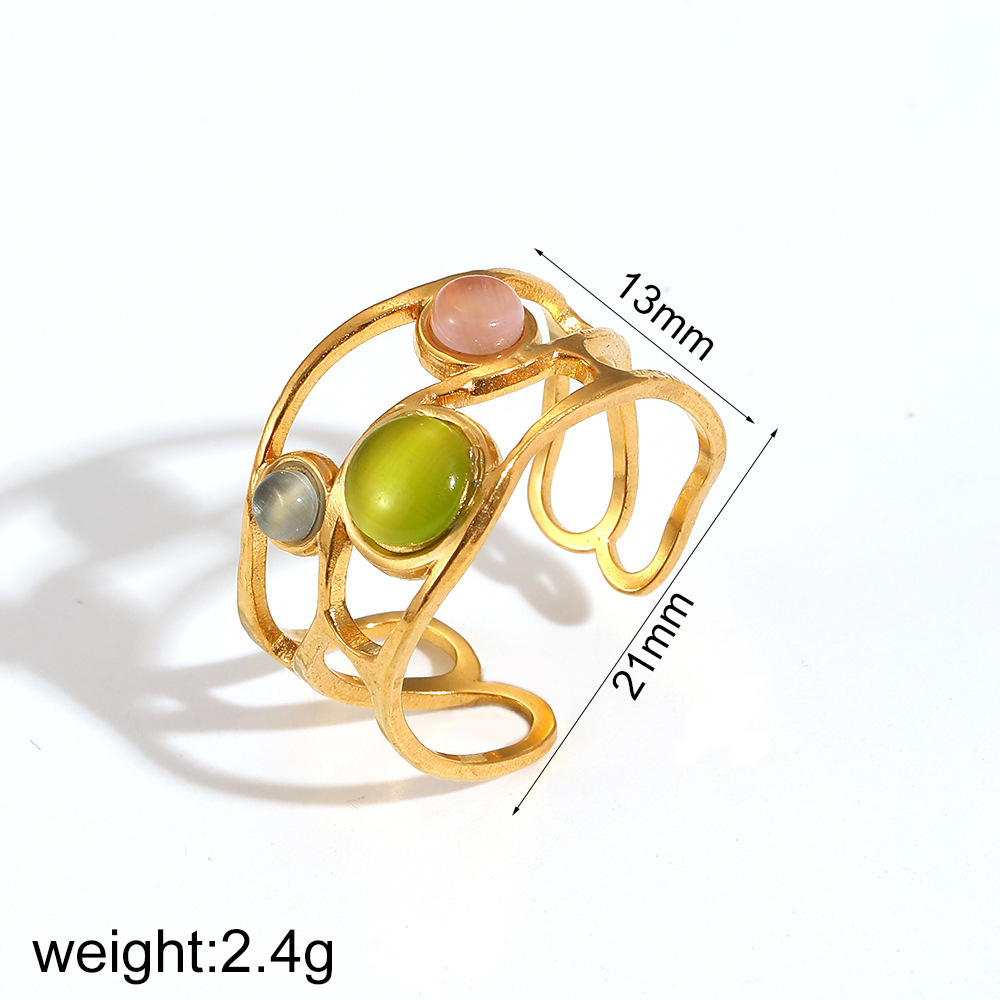 Exaggerated stainless steel ring women cat eye stone niche 18k gold finger ring rings