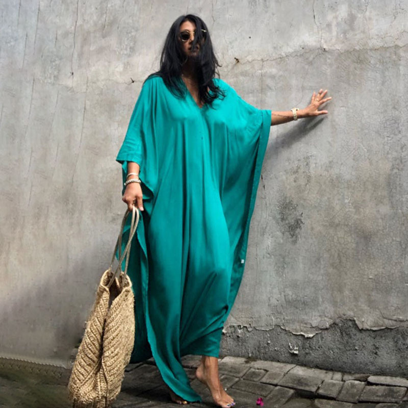 New Rayon Solid Color Cover Up Seaside Vacation Long Dress Loose Cover Up Bikini Swimsuit Long Dress Outer Women