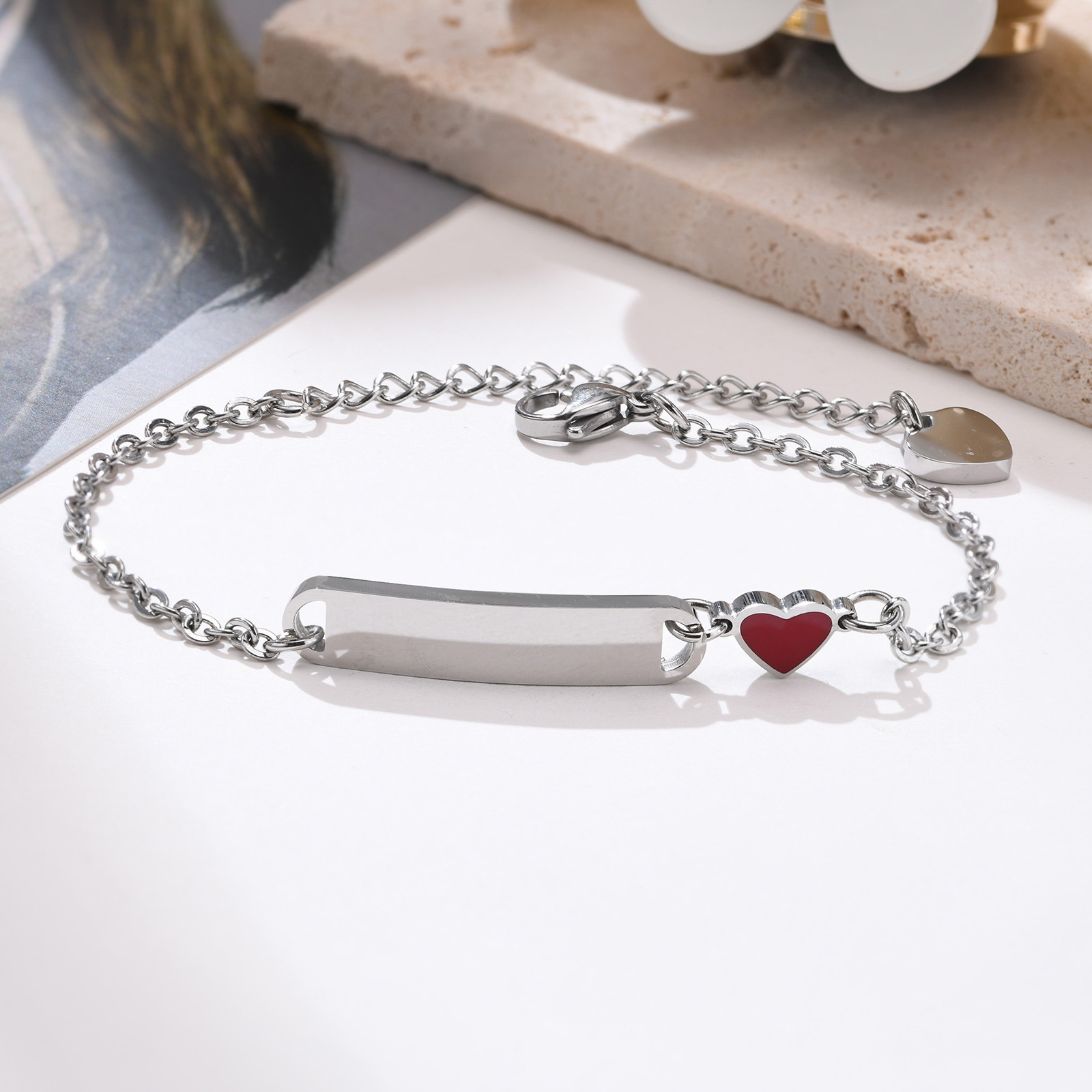 Women's Stainless Steel Bracelet Children's Blank Curved Plate Heart Titanium Steel Epoxy Bracelet Engravable DIY Huanmu