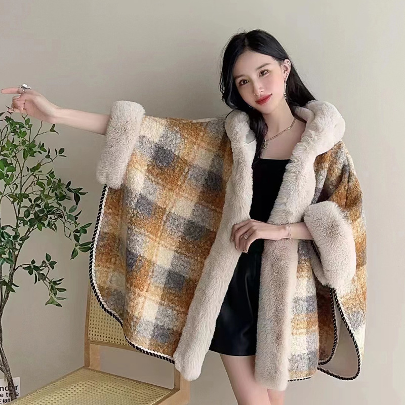 Live Loose Shawl Women 2023 Autumn Winter Cape Thickened Imitation Sheep Fur Collar Hooded Coat