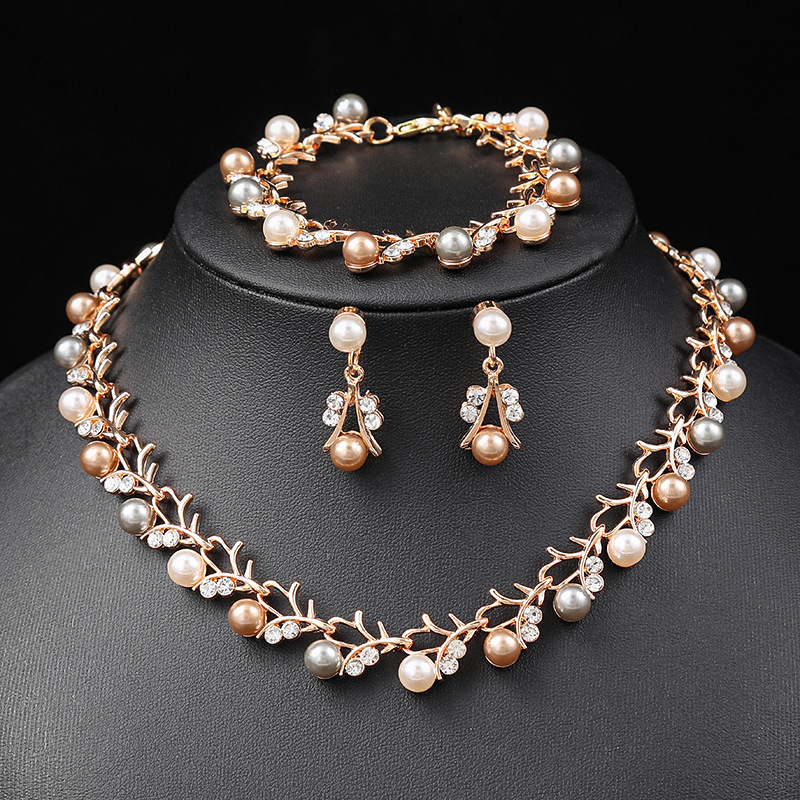 Pearl Necklace Earring Set Bride Dress Accessories Fresh Alloy Electroplated Three-Piece