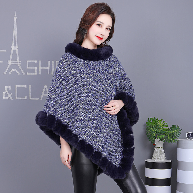 H·SUN Street Style Warp Knit Polyester Fiber Pullover Poncho Cape Imitation Rabbit Fur Collar Scarf Wear