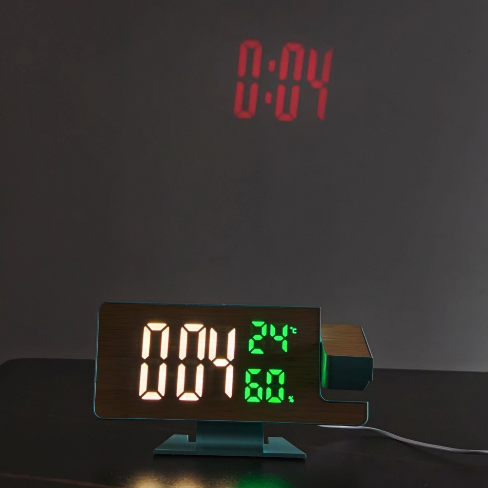 Modern Simple LED Large Screen Projection Clock Desktop Digital Alarm Clock ABS Shell Bamboo Surface Temperature and Humidity Display