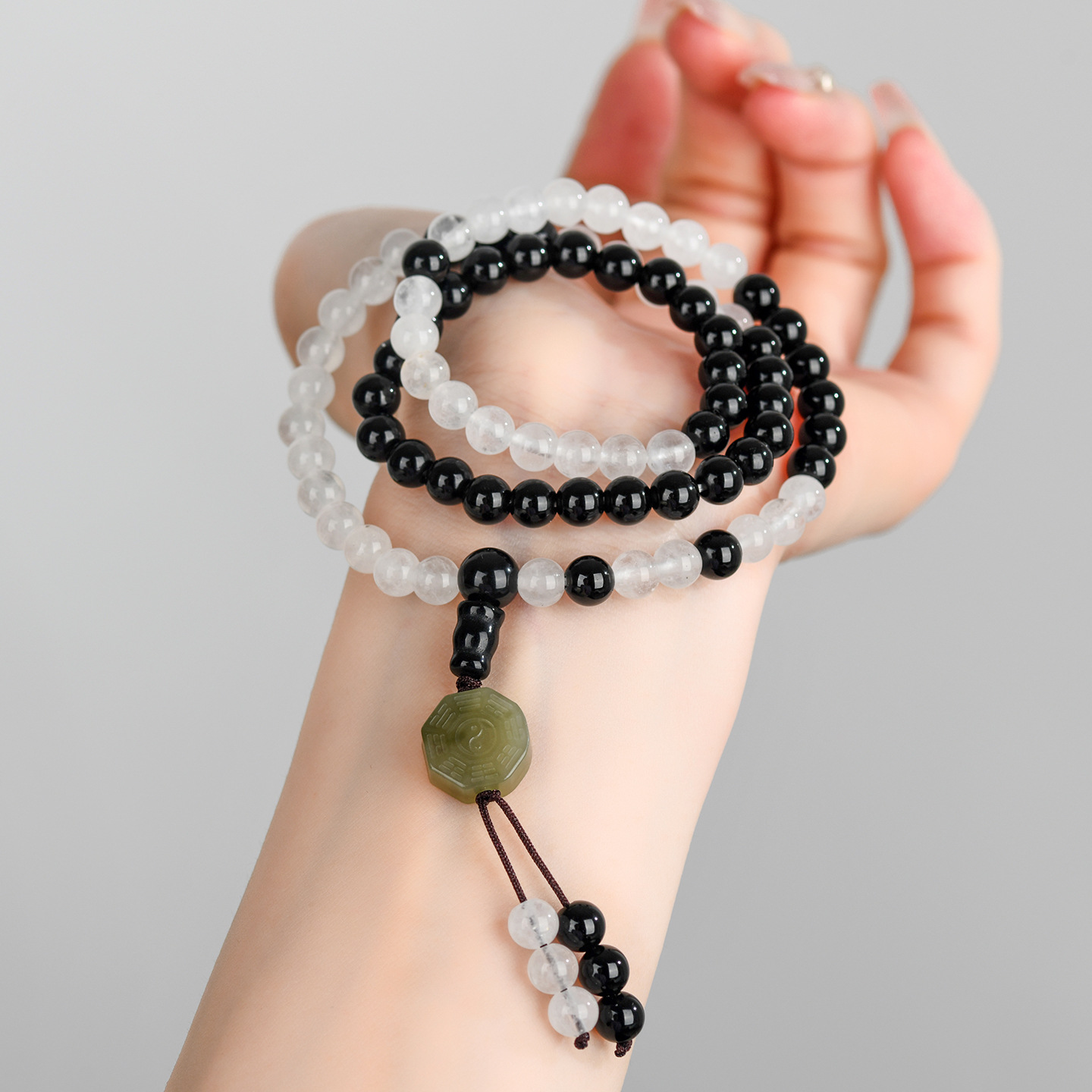 Taoist Flow Beads Tai Chi Bagua Old Lord Eighty-one White Jade Marble Obsidian 81 Beads Unisex Multi-loop Bracelet