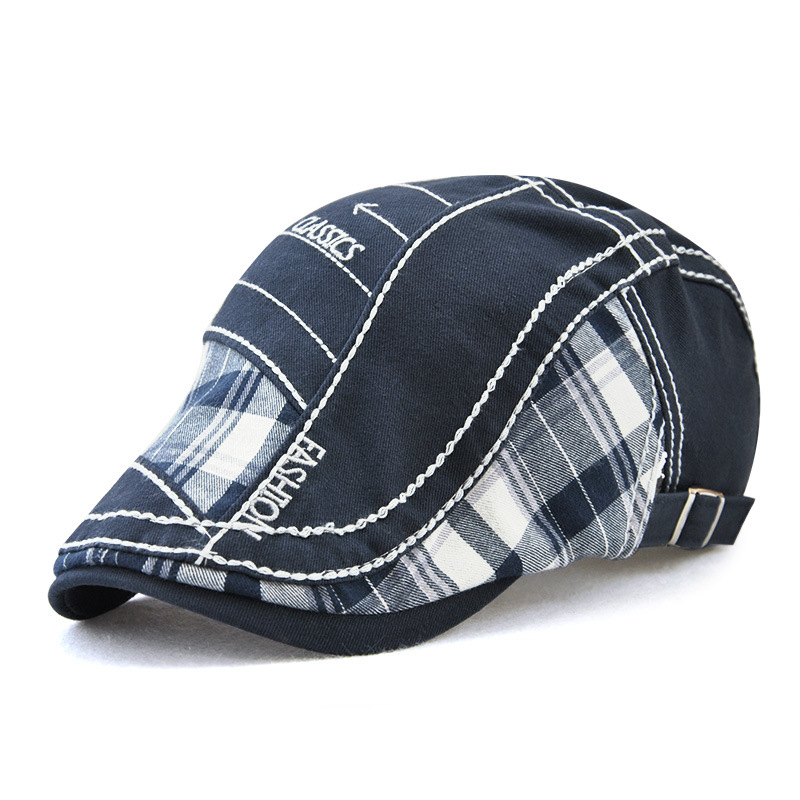 Cap with plaid patchwork and parallel arrow embroidery, new outdoor sun hat