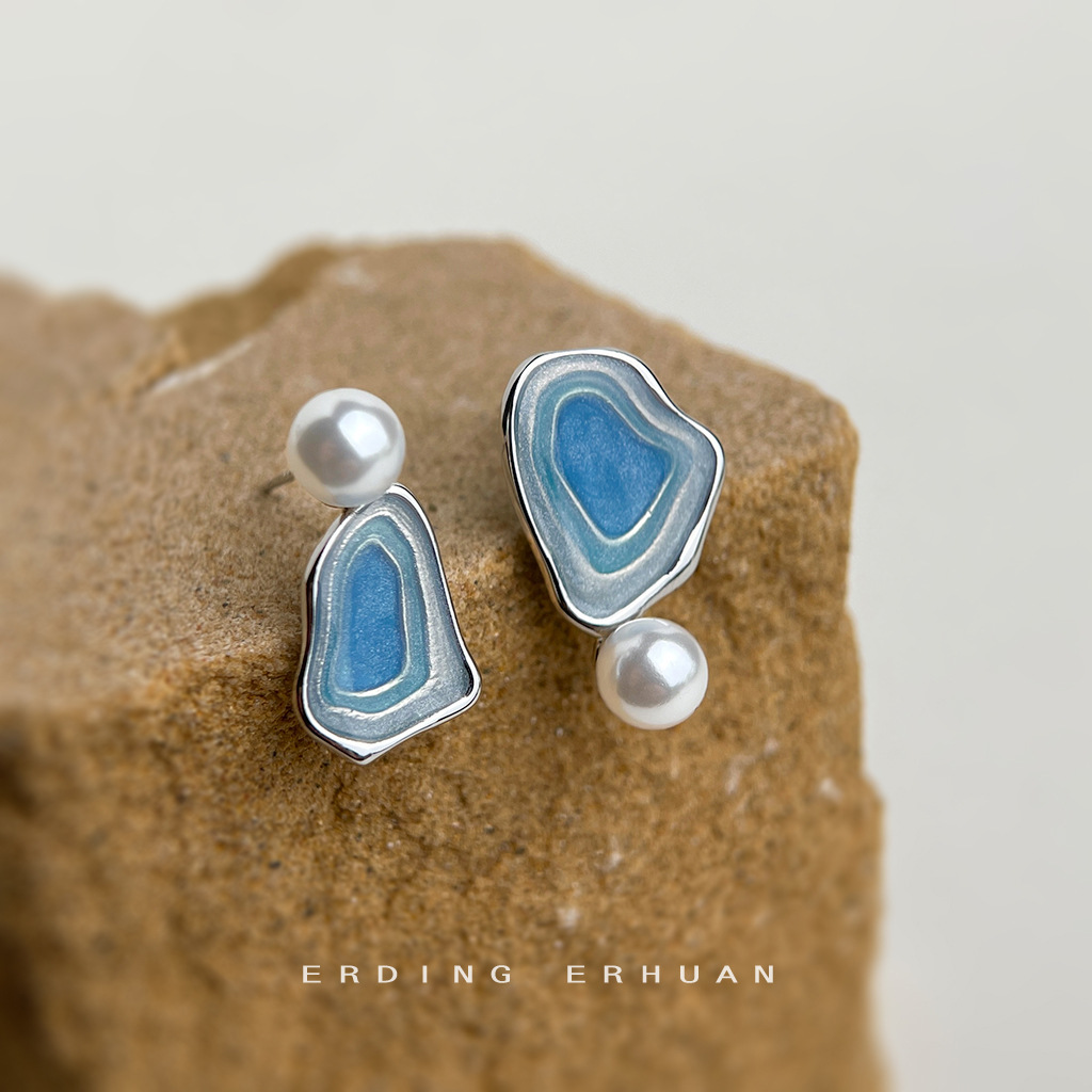 [Salt Lake Series] Designer silver needle enamel gradient drip glaze asymmetrical original earrings for women