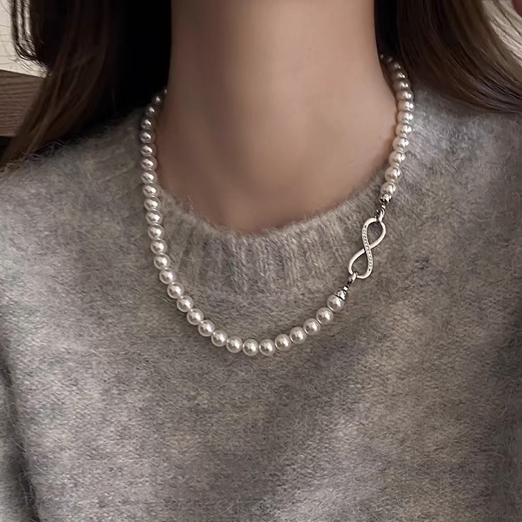 Swarovski True Multi-Ma Gray Double-Layer Layered Pearl Necklace for Women, Detachable Autumn Winter Sweater Chain Short