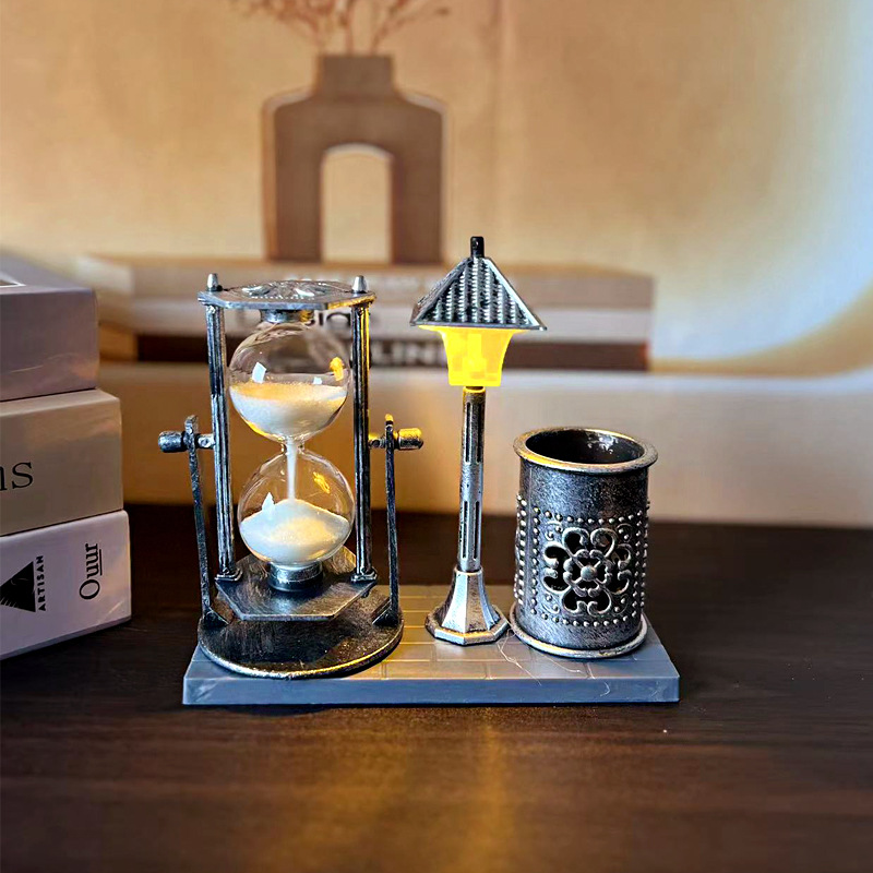 Antique Flowing Sand Street Lamp Pen Holder Student Gift White Sand Hourglass Color-Changing Night Light Ornament