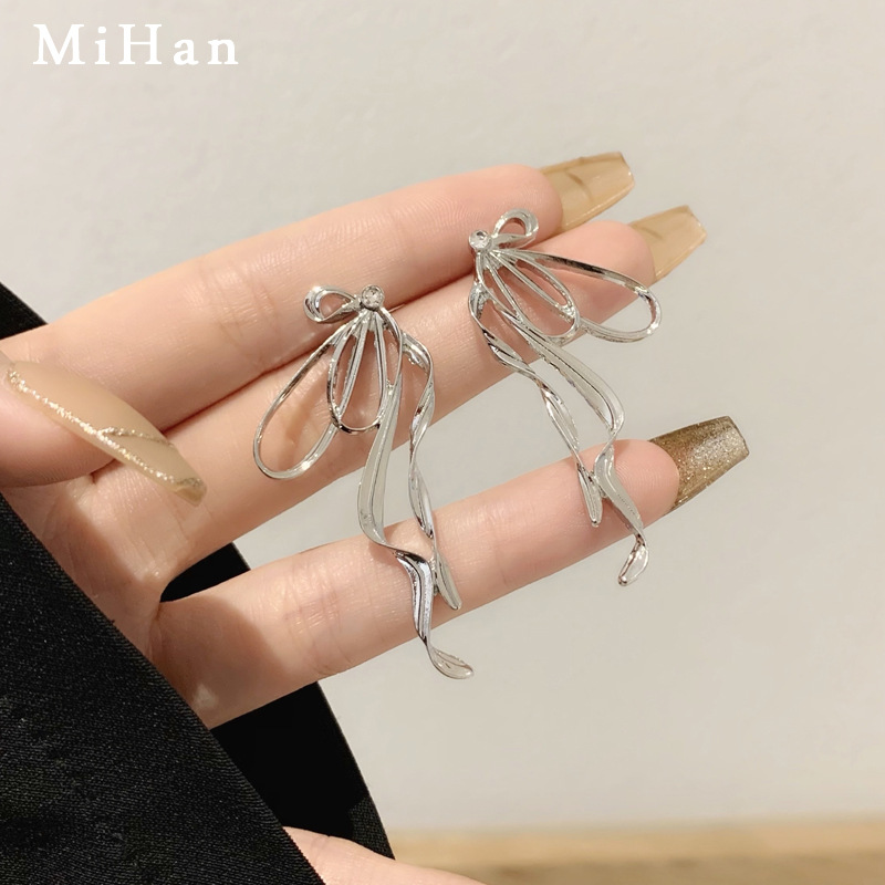 S925 silver needle irregular bow ear studs fairy sweet cool metallic earrings ear accessories 5368