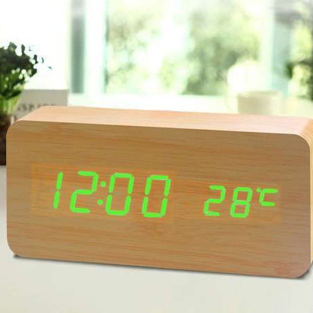 Voice-activated LED wooden clock, simple multi-functional rectangular temperature digital display electronic alarm clock, rectangular