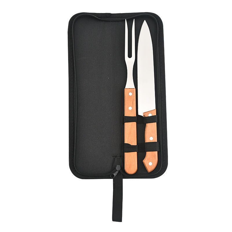 Outdoor Camping BBQ Tools Set Wooden Handle Fork Spatula Tongs BBQ Accessories Bag Stainless Steel BBQ Tools