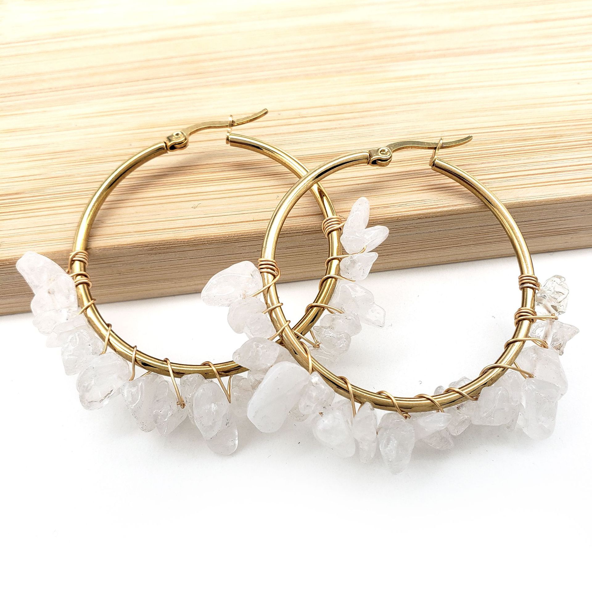 Large Circle Natural Crystal Raw Stone Earrings Hand-wrapped Green Donglin Stone Women's Commute Stainless Steel Earrings