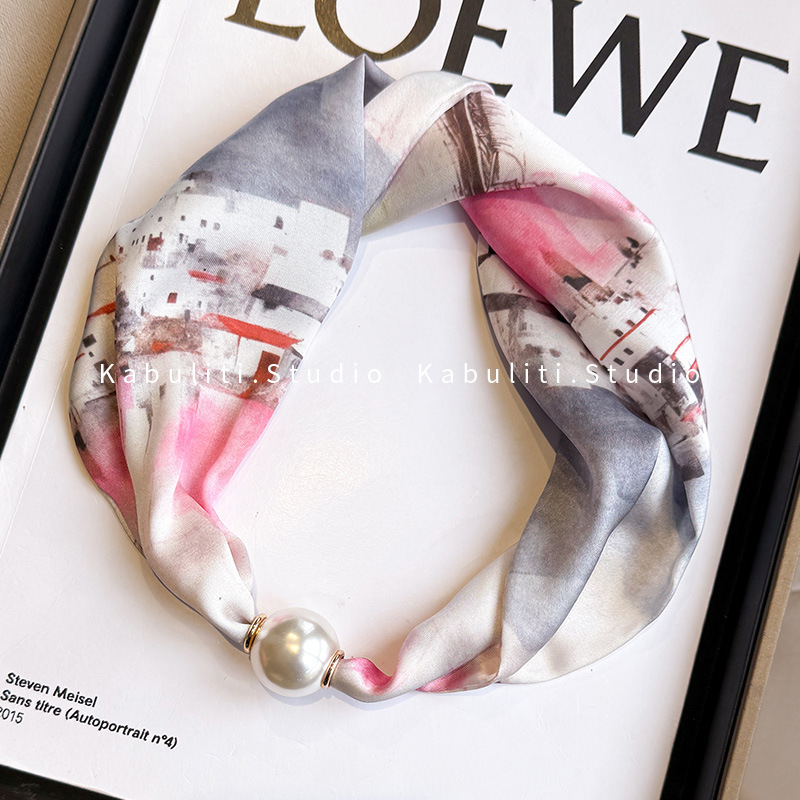 New neck protection pearl small silk scarf for women, two-piece set summer long strip magnetic buckle decorative pendant neck scarf simple wrap