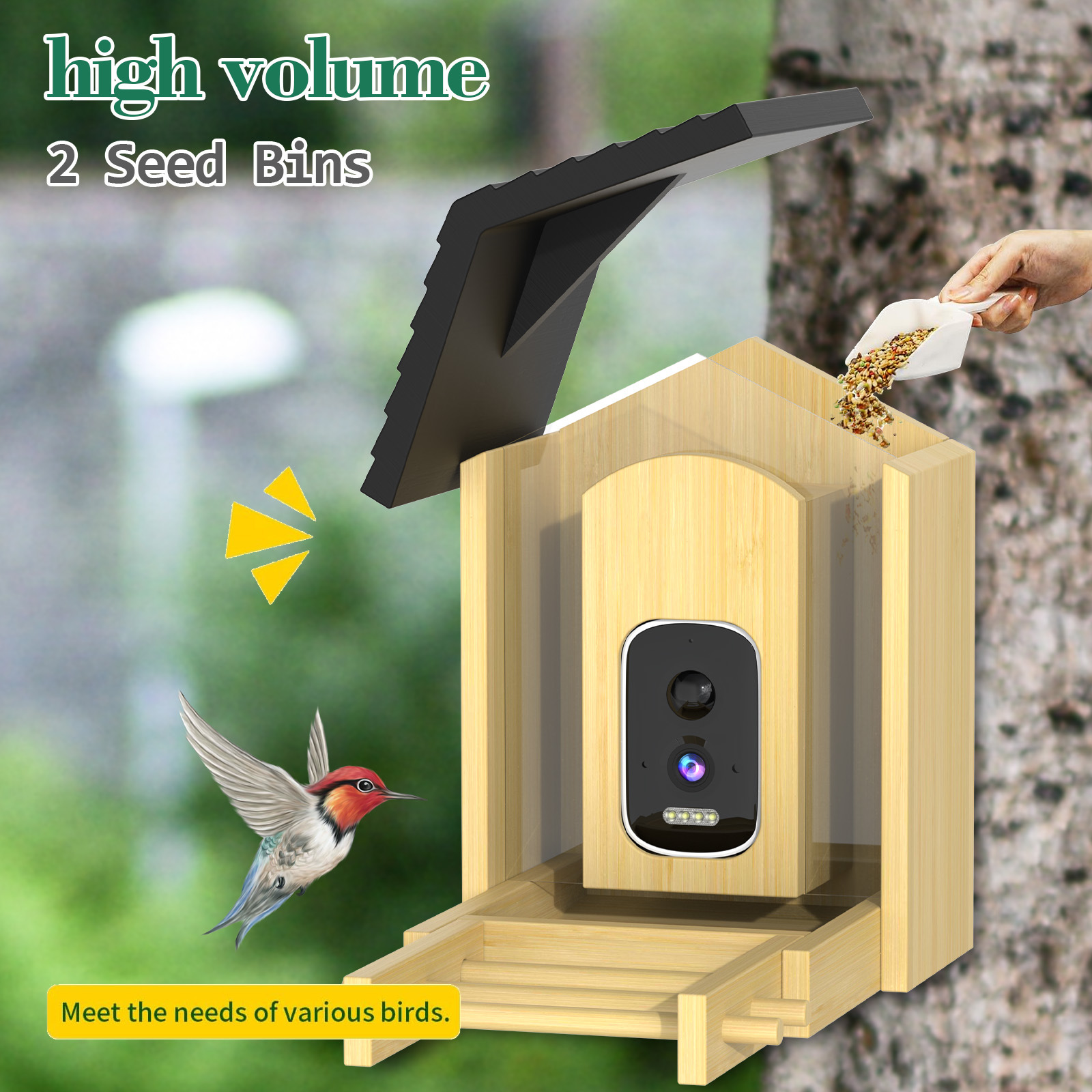 Bamboo Wood Smart Bird Feeder AI Bird Recognition HD Solar Long Battery Life Pet Feeder