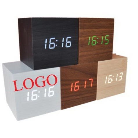 Mini Wooden Clock LED Electronic Clock, Wooden Alarm Clock, Voice-Activated Night Light, Bedside Desktop Clock for Students