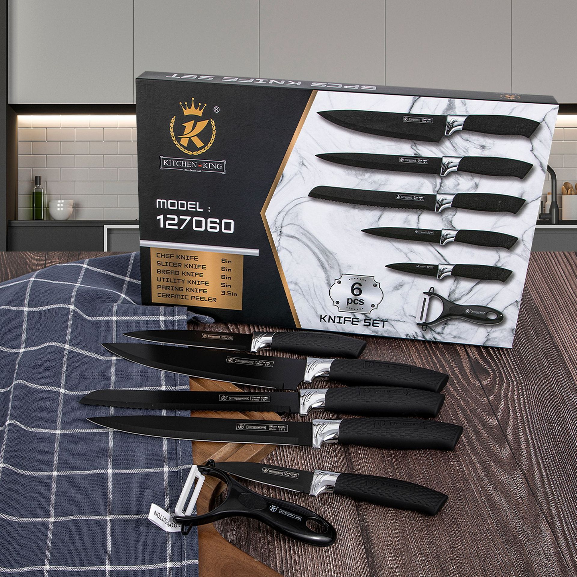 Kitchen Knife Set Black Blade Home Chef Knife Fruit Knife Stainless Steel Knife Gift Six-Piece Knife