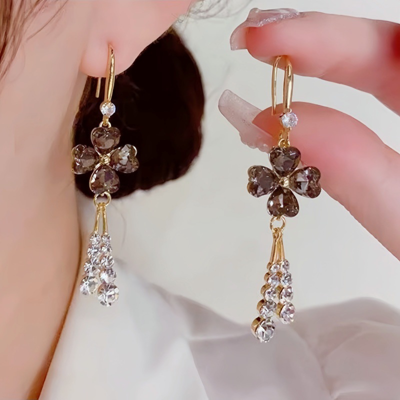Petal tassel earrings women super fairy simple rhinestone ear drop sweet ear accessories
